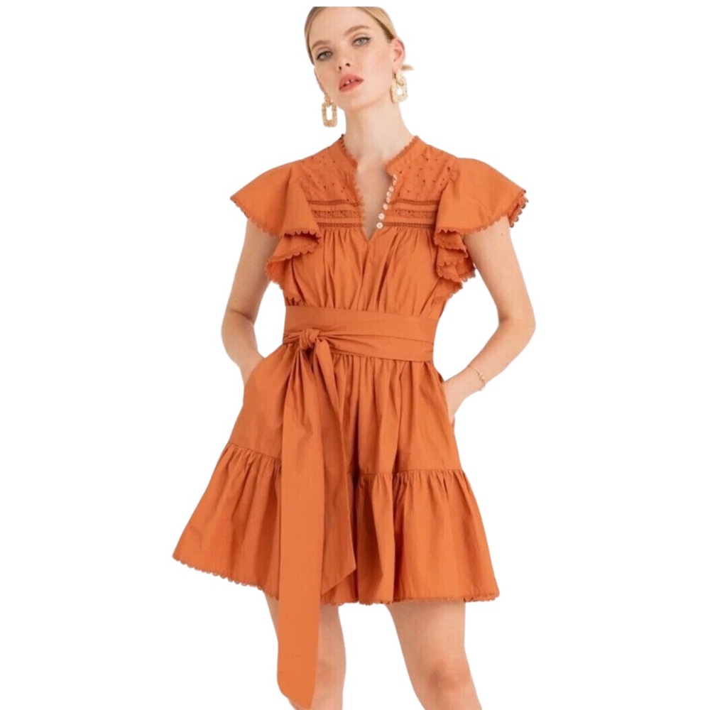 NEW Secret Mission Dress Bartolina Mini Orange Embroidered Tiered Ruffle Small